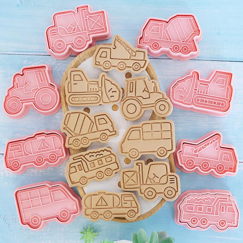 Description Picture 3 of item8 Pcs/set Engineering Truck Cookie Cutters Plastic 3D Cartoon Pressable Biscuit Mold Cookie Stamp Baking Pastry Bakeware Kitchen