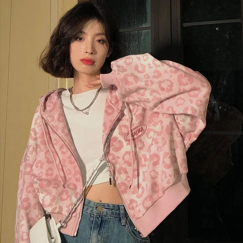 Description Picture 6 of item2023 Pink Leopard Slip-On Cropped Cardigan Jacket Women's Spring Autumn New Loose-Fit Hong Kong Style Vintage Hooded Sweatshirt