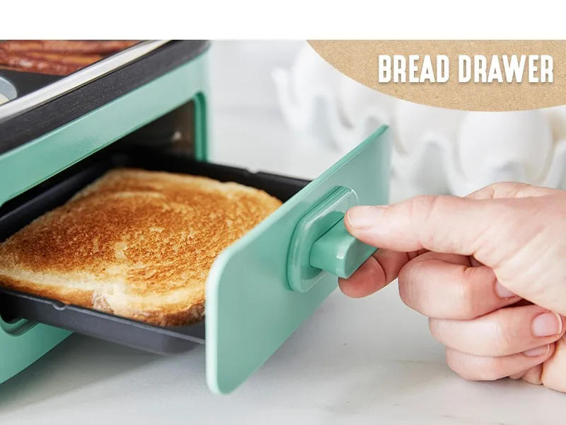 Description Picture 5 of item3-in-1 Breakfast Maker Station, Ceramic Nonstick Dual Griddles & Breakfast Sandwiches, 2 Slice Toast Drawer, Turquoise