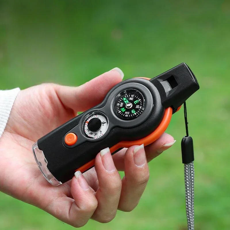 Description Picture 2 of item7 in 1 Whistle Outdoor Survival Emergency Tools Multifunctional LED Light Camping Hiking Whistle Compass Thermometer Magnifier