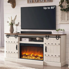 Fireplace TV Stand Farmhouse Highboy Entertainment Center with Electric Fireplace Sliding Barn Doors Rustic Tall Media Console