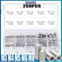 250PCS Socket Head Hex Set Screw Assortment Grub Screw Cup- Metric 304 Stainless Steel M3 M4 M5 M6 M8 Cup Point Grub Screw Set