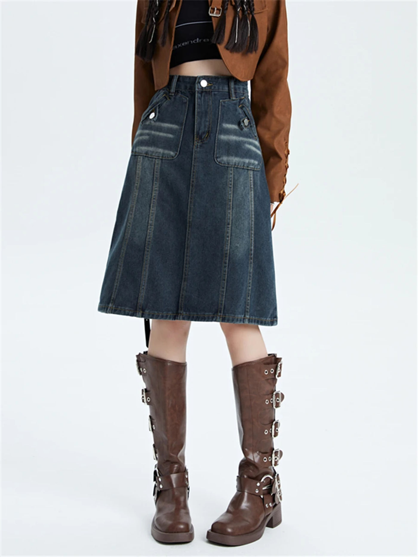 Description Picture 5 of itemAmerican Style Vintage Washed Denim Skirt for Women High Street Loose Wide Leg Design Sense Midi Skirt