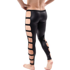 Sexy Mens Trousers Side Straps PU Leather Latex Tight Long Pants Singlets Faux Leather Fitness Clubwear Gay Wetlook Jogger Pants