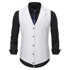 2024 New European Men's Single Breasted Casual Suit Vest Fashion Flip Collar Solid Color Business Vest Men