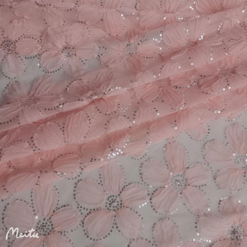 Description Picture 5 of item130cm New Multi-color Mesh Lace Embroidered Mesh Gauze Three-dimensional Sequin Embroidered Lace Fabric DIY women's Skirt Fabric