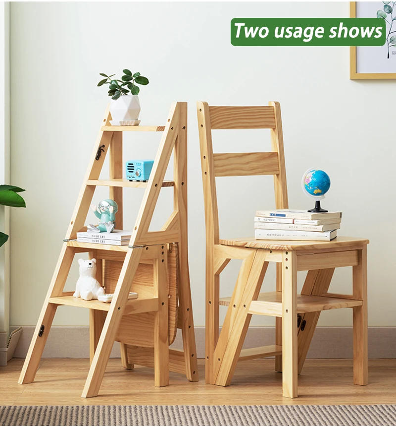 Description Picture 5 of itemSolid Wood Step Stools Multifunctional Folding Step Ladders Living Room Backrest Chairs Portable Ladder Stool Modern Furnitures