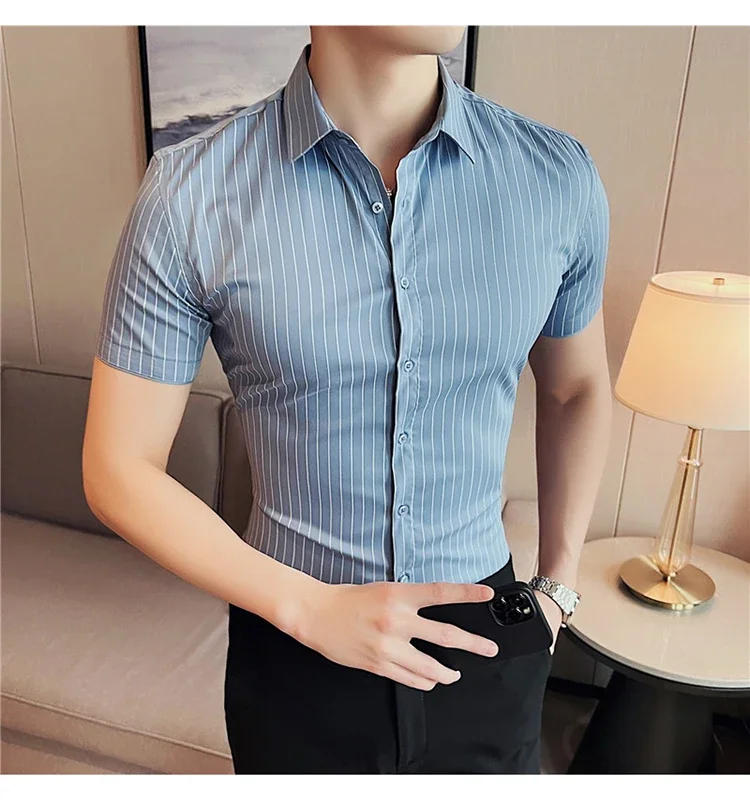 Description Picture 3 of itemHigh Quality Striped Male Light Luxury Business Formal Social Short Sleeve Shirts Fashion Thin Slim Casual Pointed Collar Shirts