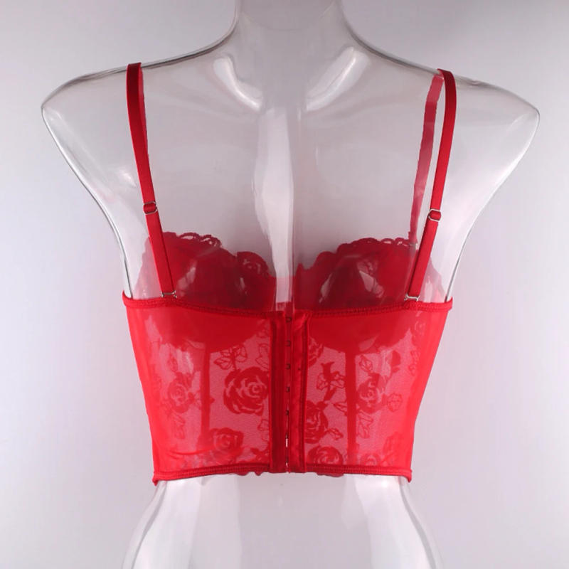 Description Picture 6 of itemWomen Solid Rose Embroidery Tank Top With Steel Rings Fishbone Strapless Corset Vest With Shoulder Straps French Style Sweet Top