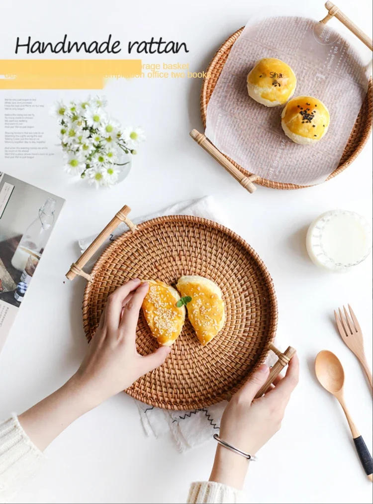 Description Picture 2 of itemRound Wicker Basket, Handwoven Rattan Storage Tray With Wooden Handle, Dinner Serving Tray, Bread Food Plate, Fruit Cake Platter