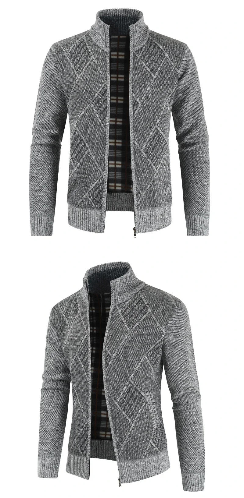 Description Picture 3 of item2023 New Men's Sweater Youth Fashion Trend Zipper Cardigan Stand Up Collar Plaid Casual Sweater Coat