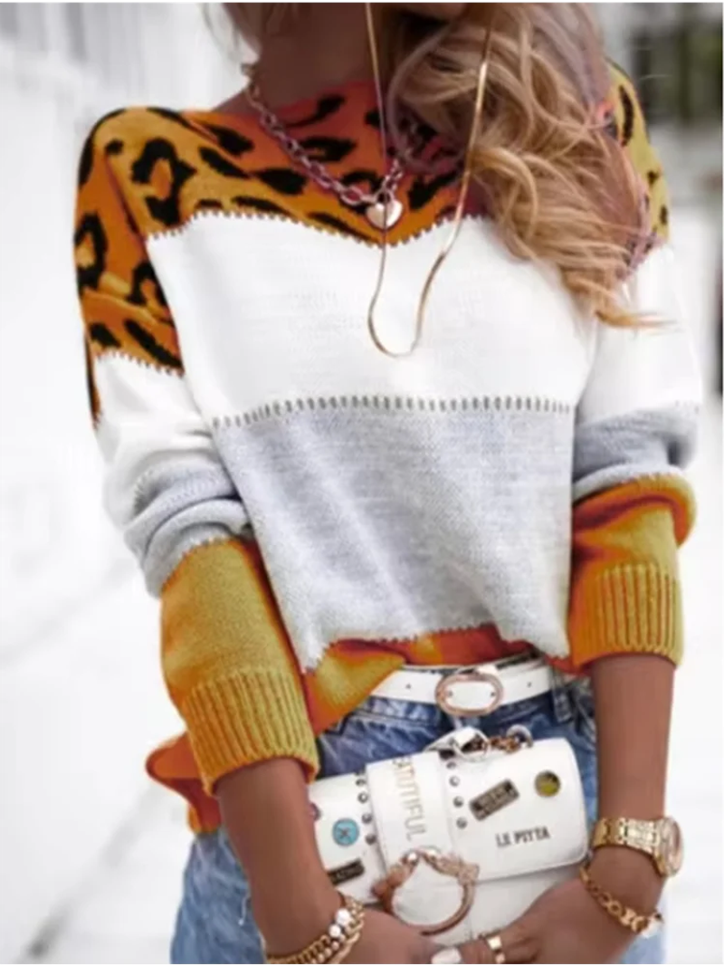 Description Picture 3 of itemLeopard Printed Color Blocked Long Sleeved Top Women's Casual Round Neck Sweater Fashion Elegant Autumn Top
