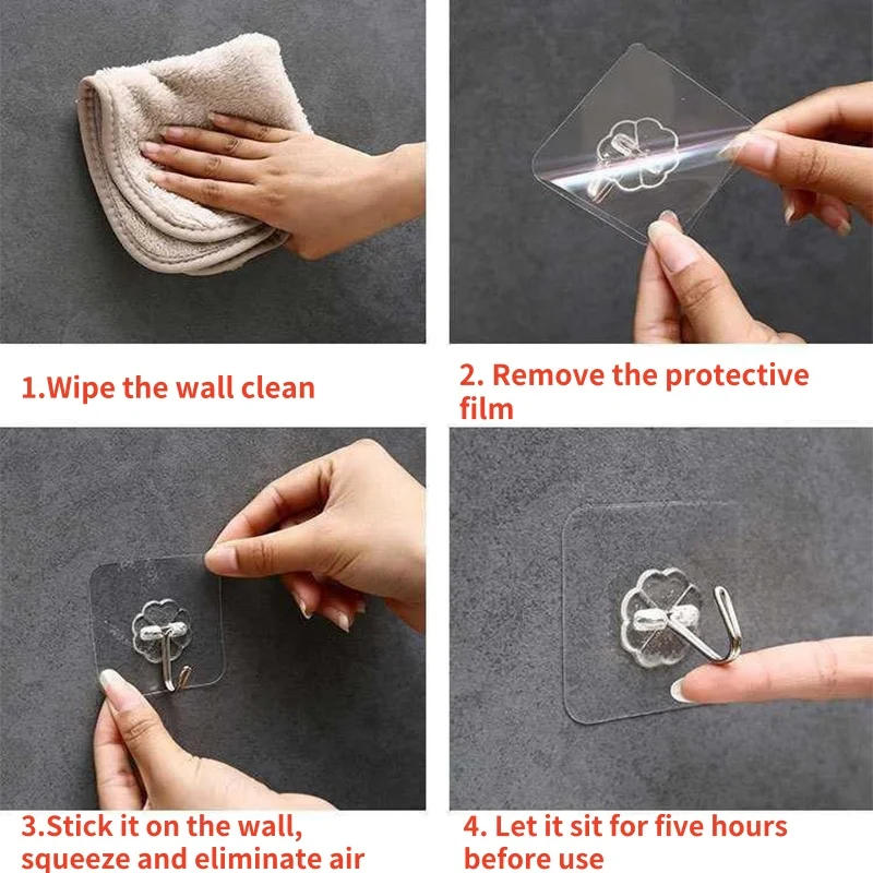 Description Picture 2 of itemTransparent Self Adhesive Wall Hooks Heavy Duty Multi-Purpose Wall Hook Key Holder Towel Holder For Kitchen Bathroom Accessories