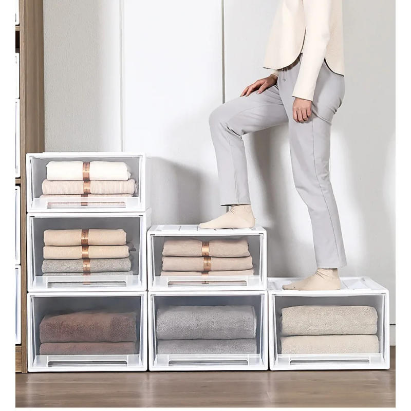 Description Picture 5 of item5.5L Transparent Stackable White Storage Box Drawer Organizer Plastic Clothes Storage Cabinet with Snap Snack Storage Box Closet