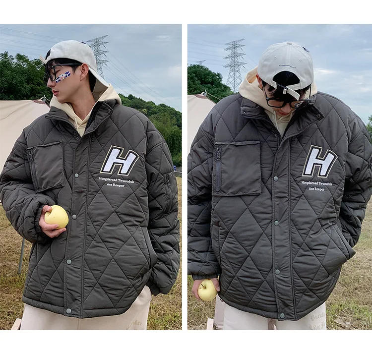 Description Picture 5 of itemPlaided Cotton Clothing Men's Winter Thick Warm Parkas Coat Rhombus Fashion Loose Stand-up Collar Parka Jacket Korean Sport Top