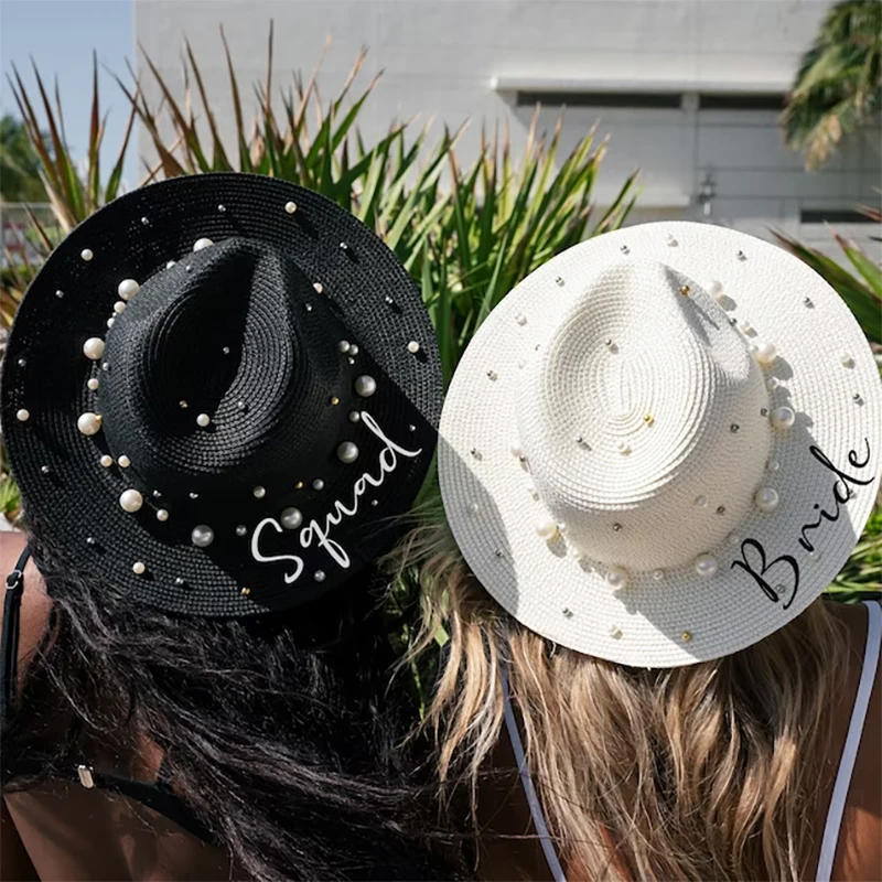 Description Picture 3 of itemBride Squad Pearls sun hat Wedding Cowboy Bachelorette hen Party Bridal Shower girls trip decoration bridesmaid proposal gift