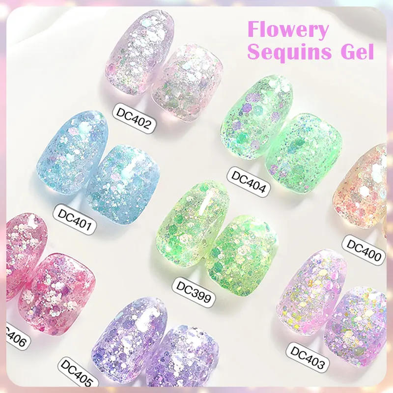Description Picture 6 of item7ml Flowery Glitter Sequins Gel Nail Polish Shiny Sparkling Color Semi Permanant Soak Off Manicure Nail Art Varnish