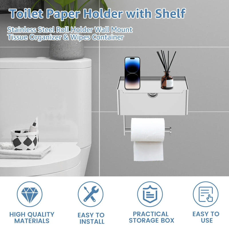 Description Picture 4 of itemToilet Paper Holder Stainless Steel Bathroom Roll Holder with Storage Box Wall Mounted WC Paper Phone Holders Home Towel Holder