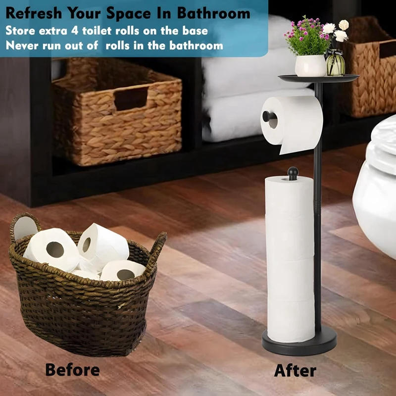 Description Picture 5 of itemBlack Toilet Paper Holder Stand With Shelf, Freestanding Toilet Paper Holder, Heavy Base No Tipping Over For Bathroom