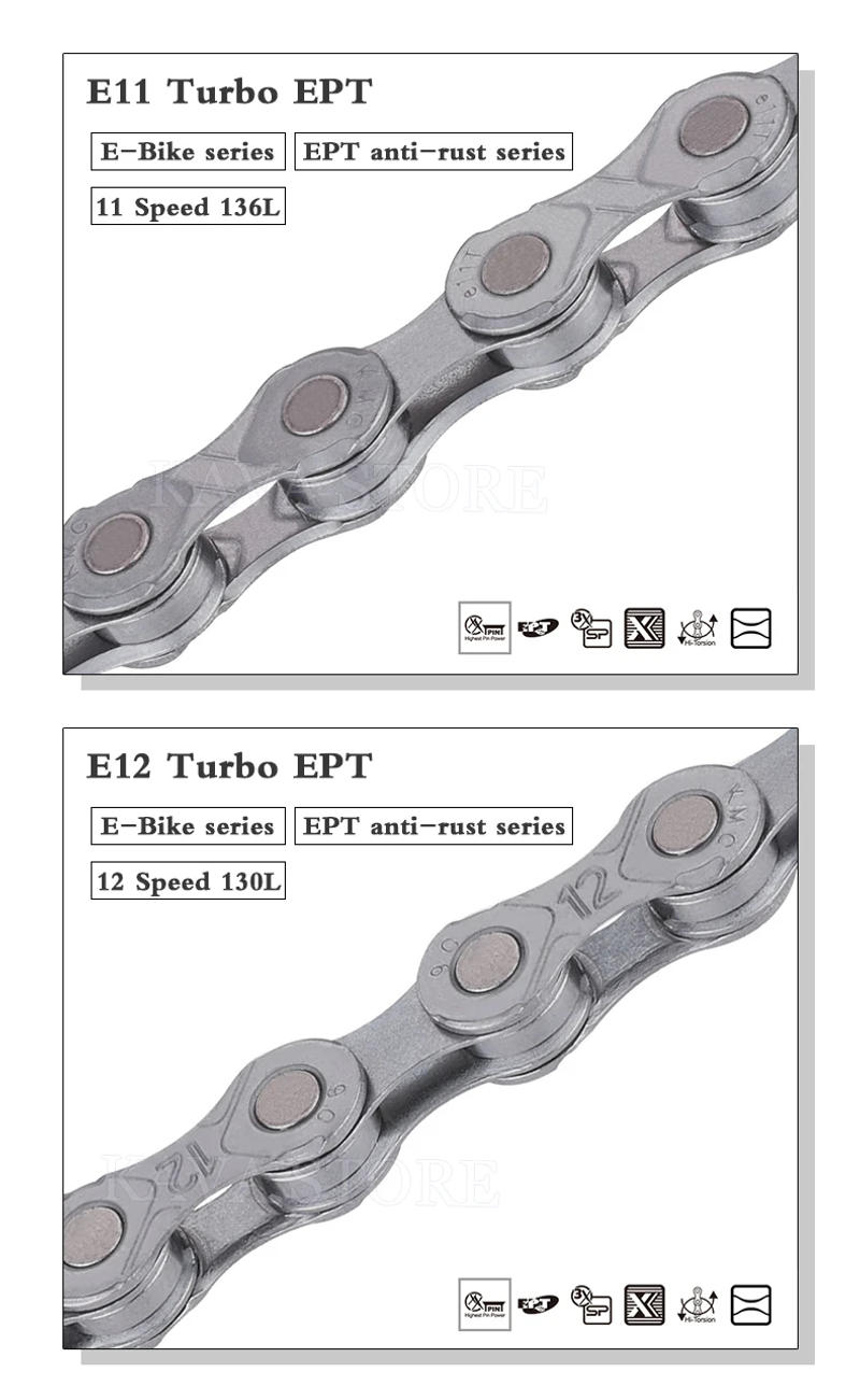 Description Picture 5 of itemKMC E-BiKE E8 E9 E10 E11 E12 Chain 8 9 10 11 12 Speeds 136 Links Anti-rust Electric Sport Bicycle eBike Chains Original