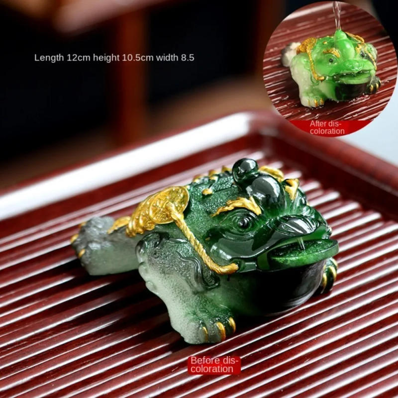 Description Picture 3 of itemResin Golden Toad Tea Pet Cute Green Red Color Changing Tea Pet Tea Tray Gold Raise Golden Toad Tea Table Decoration