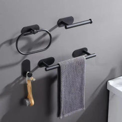 Stainless Steel No Drilling Self-Adhesive Towel Bar Paper Holder Robe Hook Towel Rack Black Silver Gold Bathroom Hardware Set