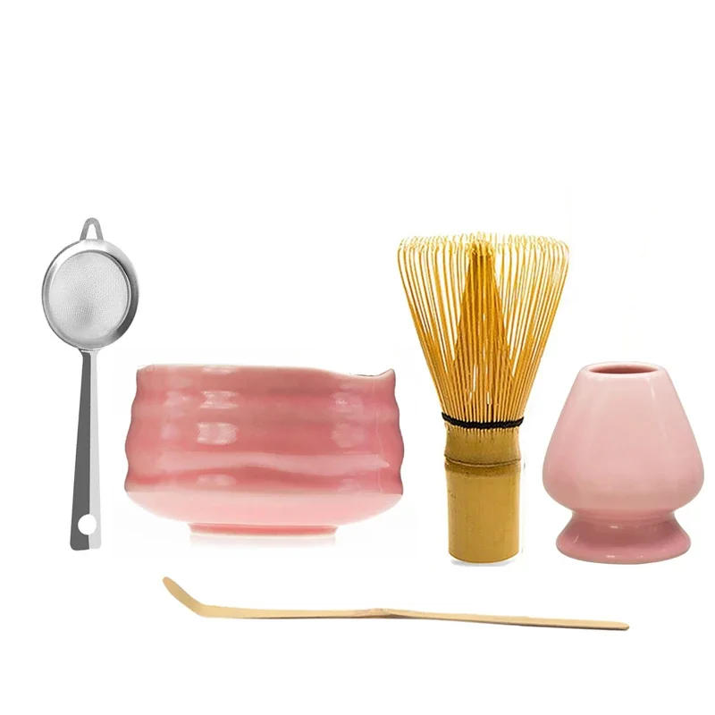 Description Picture 4 of item1/3/5pcs Japanese Ceramic Glossy Pink Matcha Bowl Macha Tea Whisk Chawan Chasen Holder Scoop Sifter Cup Ceremony Gift Set