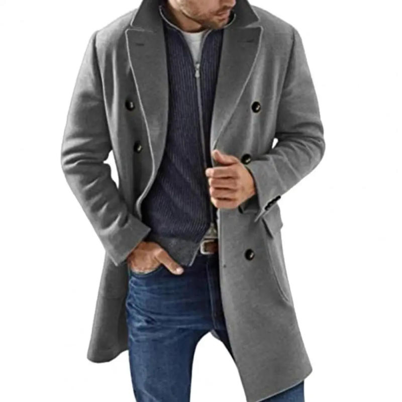 Description Picture 3 of itemNew Mens Mid Length Woolen Coat Winter Men's Single Breasted Wool Coat 2024 Mens Suit Collar Solid Color Office Jacket