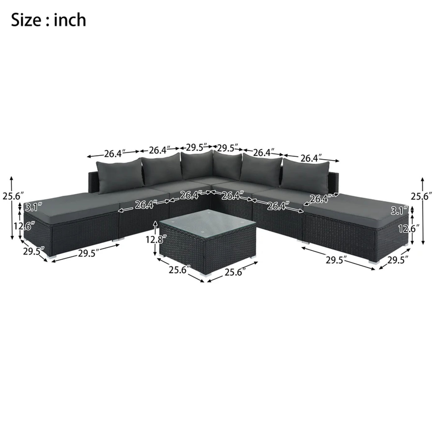 Description Picture 2 of item8-Pieces Outdoor Patio Furniture Sets, Garden Conversation Wicker Sofa Set, Single Sofa Combinable, Gray Cushions Black Wicker