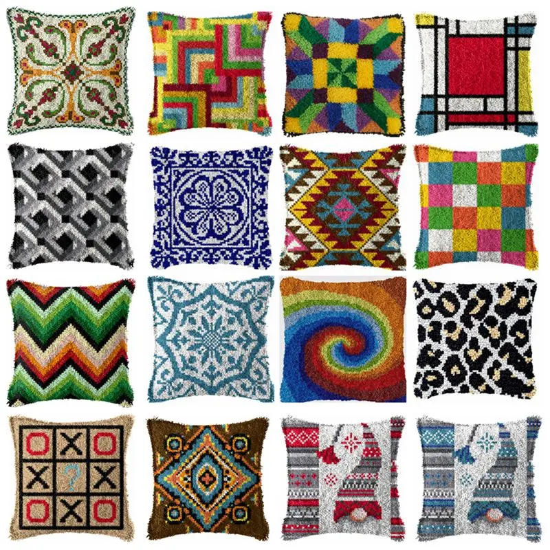 Description Picture 2 of itemSimple Pattern Geometry Latch Hook Rug Kits Unfinished Embroidery Material Hand Knitted Embroidered Pillow Latch Hook Pillow DIY