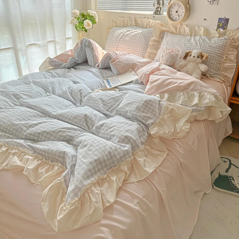 Description Picture 2 of itemKorean Princess Style Bedding Set Soft Skin-friendly Lattice Lace Ruffles Quilt Cover Plaid Style Duvet Covers Set Pillowcases