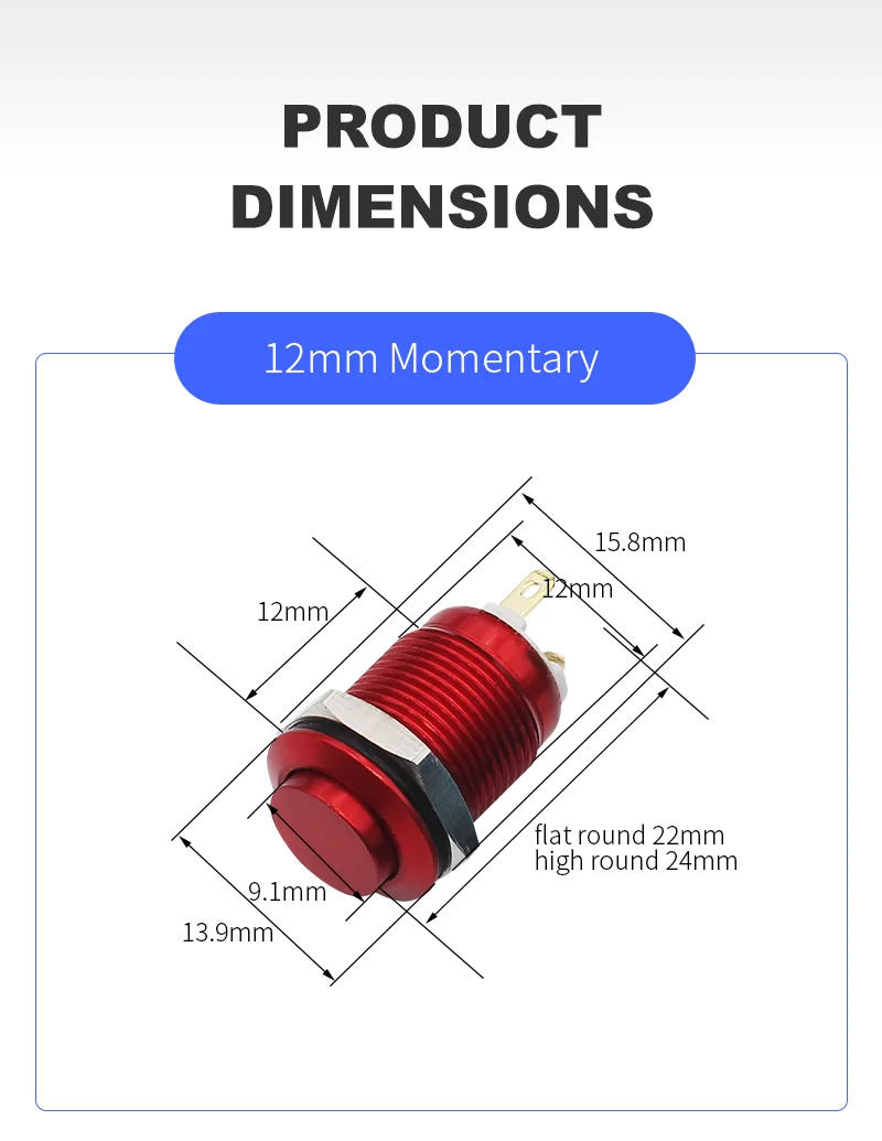 Description Picture 4 of item12mm Metal Push Button Switch On Off Self Reset Momentary Oxidation Red Blue Black Green Yellow Mini Electric Panel Switches 1NO