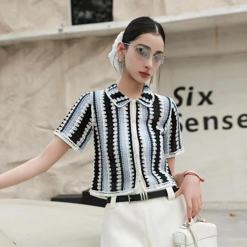 Description Picture 3 of itemStriped Crochet Shirt Collared Button-Down Short Sleeve Open-knit Blouse Women Summer Beach Boho Vacation Outfit