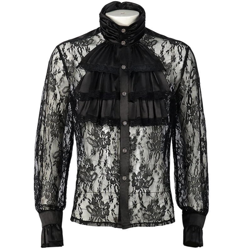 Description Picture 4 of itemTransparent Lace Floral Shirts And Blouses Solid Black Gothic Puff Sleeves Victorian Medieval Ruffle Collar Shirt Tops For Men