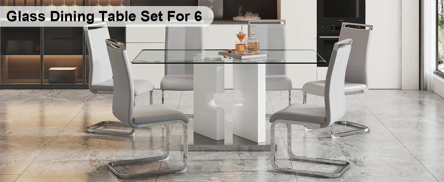 Description Picture 2 of itemDining Table and Chairs, Fits 6, White Glass Table with Faux Leather Chairs, Kitchen Display Table, 6-Piece Dining Tables Set
