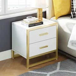 Bedside Table with 2 Drawers Modern End Table Metal Frame Storage Side Table White