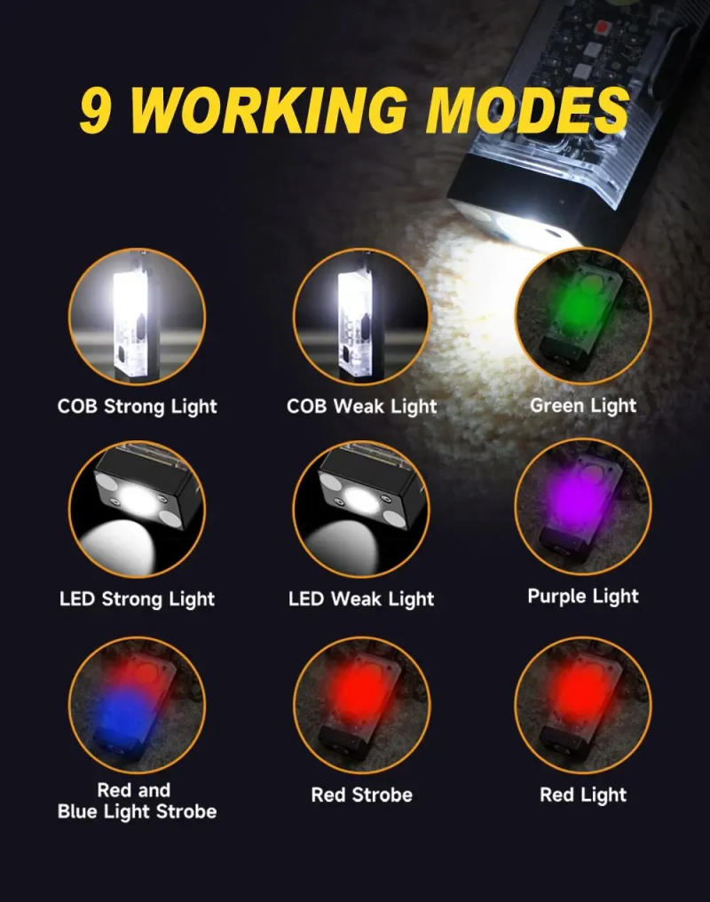 Description Picture 4 of itemMini Portable Keychain Flashlight Solar Panel Type-c Rechargeable LED 9 Modes COB Work Light Keychain With Magnet Light