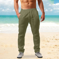 Men's Elastic Pants Solid Color Versatile Cotton Vintage Design  Simple Loose Casual Drawstring Pants 2024 Summer Thin Pant