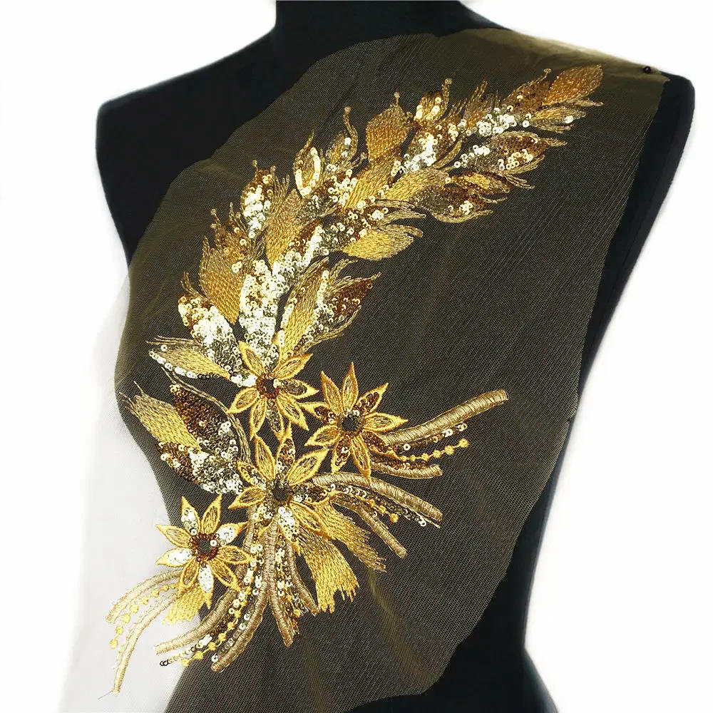 Description Picture 2 of itemBlue Black Gold Sequins Feather Tail Flowers Appliques Lace Trims Mesh Sew On Patch Embroidery For Wedding Gown Decoration DIY