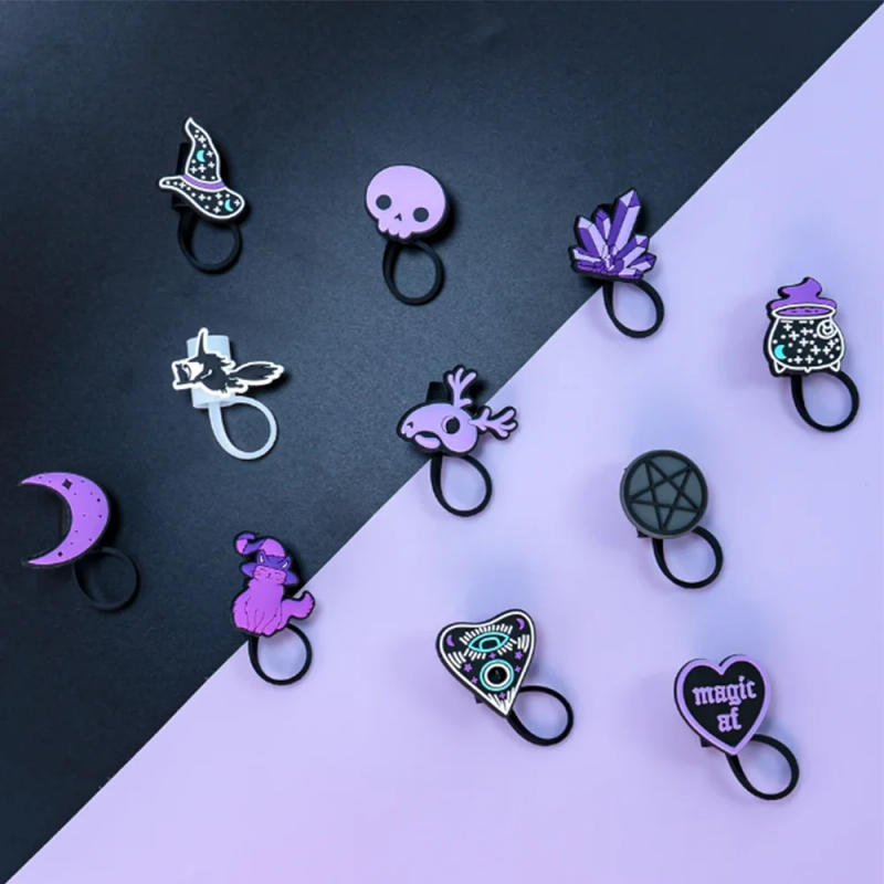 Description Picture 6 of item1-12PCS Silicone Magic Purple Straw Toppers for Cup,Witches Cat Moon Skull 10mm Straw Covers Cap Dustproof Drinkware Tips Party