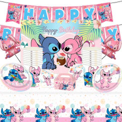Pink Lilo Stitch Decoration Disposable Tableware Paper Cup Plate Napkin Balloon Baby Showers Children's Birthday Party Supplies