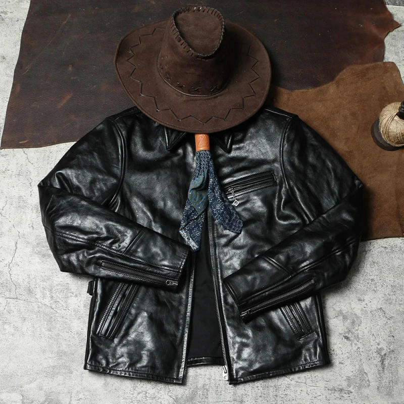Description Picture 6 of itemshipping.sales.Japanese Free vintage cool men genuine leather coat.black wax tanned horsehide jacket.Motor Rider wear