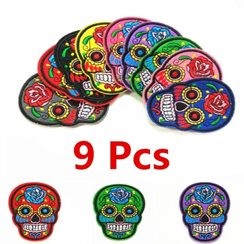 Description Picture 2 of item9Pcs/set Of DIY Multicolor Skull Clothing Patch Fashion Jeans Embroidery Fabric Badges In Random Colors