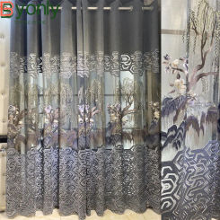 New Chinese Style Landscape Embroidery Grey Window Screen Hollowed Out Curtains for Living Room Study Bay Window French Window
