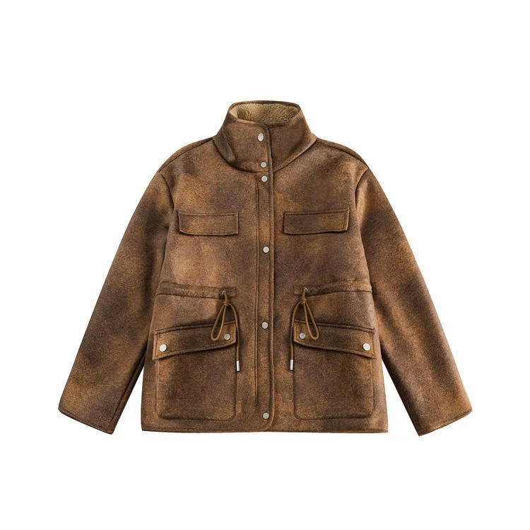 Description Picture 4 of itemRetro Multi-pocket PU Leather Jackets Men's Windproof Cotton Coat Men Winter Warm Thickened Loose Cotton Coat Men Fashion Parkas