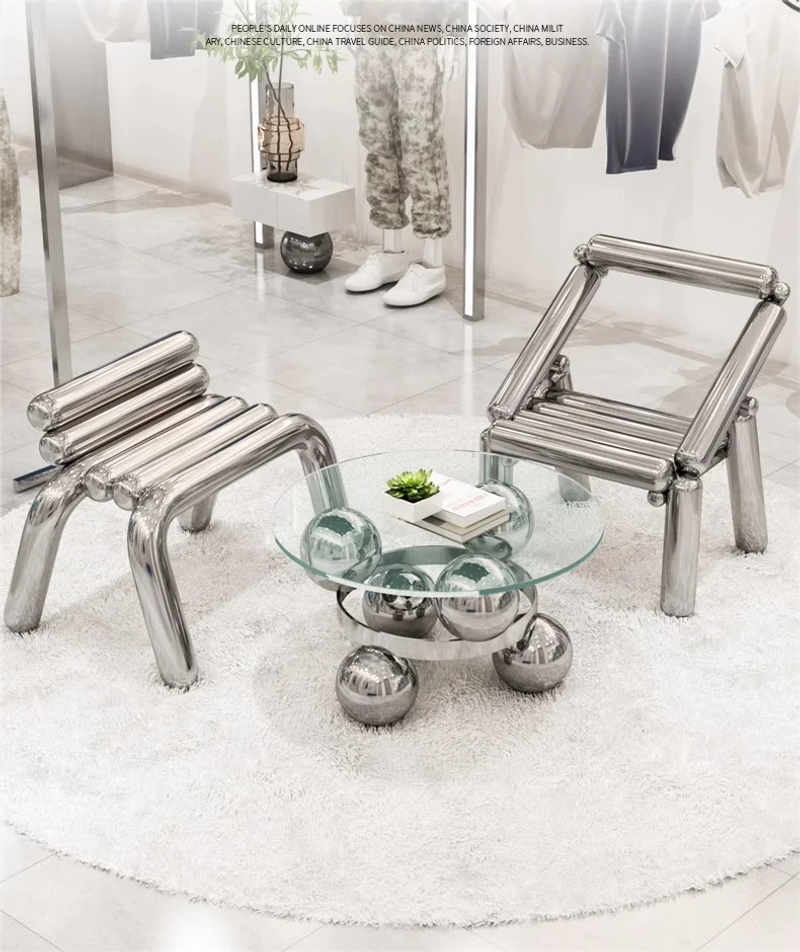 Description Picture 2 of itemModern Simplicity Stainless Steel Chair Creative Design Minimalism Style ART Home Living Room Chair Stainless Glass Tea Table