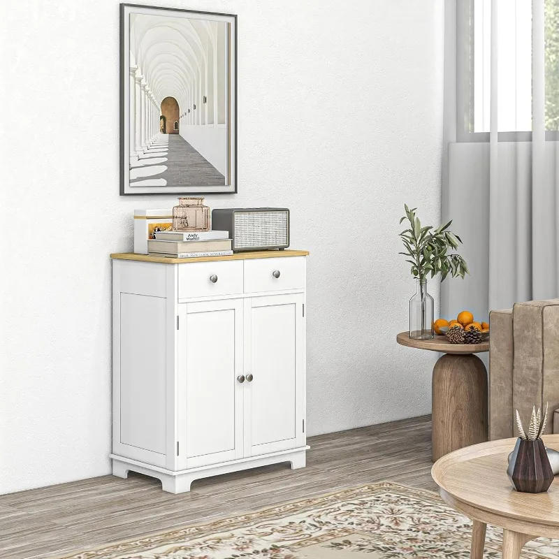 Description Picture 3 of itemSideboard with Solid Wood Countertop Modern Kitchen Storage Cabinet Coffee Bar Cabinet with 2 Drawers Doors  Distressed White