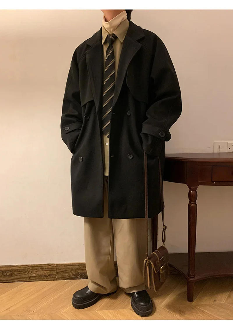 Description Picture 5 of itemMen Trench Coat Casual Long Windbreaker Autumn Winter Loose Design Solid Fashion Korean Style Male Jackets