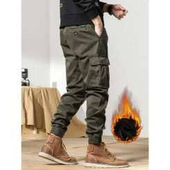 2024 New Winter Cargo Pants Men Multi-Pockets Drawstring Fleece Liner Thick Warm Overalls Joggers Casual Cotton Thermal Trousers