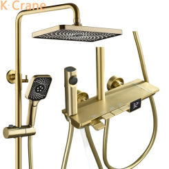 Brush Gold Bath Shower Faucet Bathroom LED Digital Hot Cold Mixer Shower System Bathtub Wall Mount SPA Rainfall Thermostatic Set